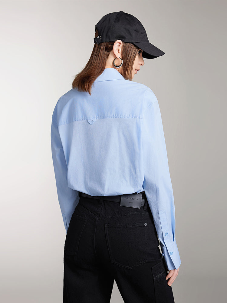 Miss Sixty LAPEL-COLLAR LONG SLEEVES CROPPED SHIRT BLUE