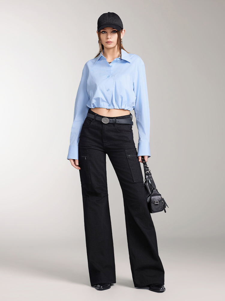 Miss Sixty LAPEL-COLLAR LONG SLEEVES CROPPED SHIRT BLUE