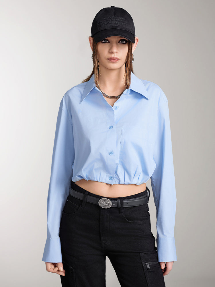 miss sixty LAPEL-COLLAR LONG SLEEVES CROPPED SHIRT BLUE