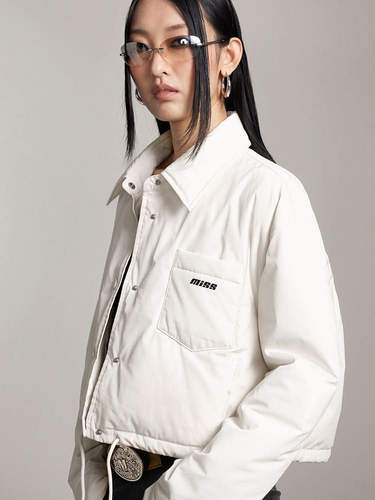 Miss Sixty LAPEL CROPPED DOWN JACKET WITH PRINTED OFF WHITE