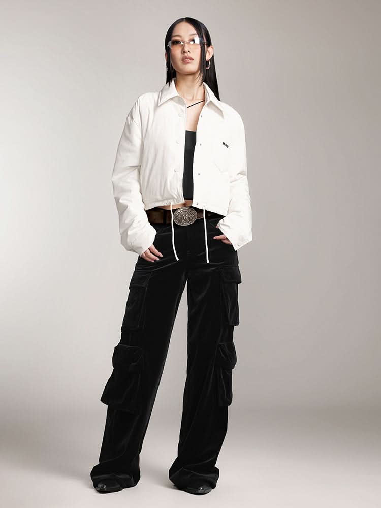 Miss Sixty LAPEL CROPPED DOWN JACKET WITH PRINTED OFF WHITE