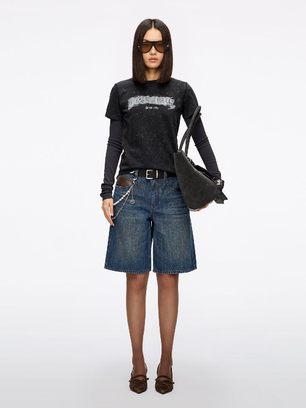 Miss Sixty LEATHER-PANEL DENIM BERMUDA SHORTS DEEP BLUE