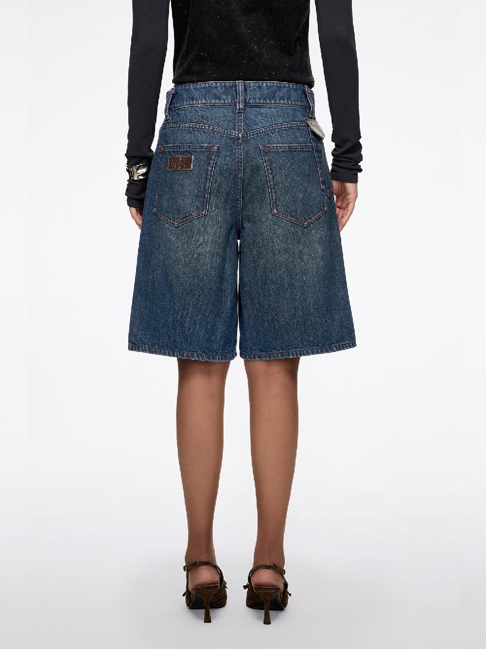 Miss Sixty LEATHER-PANEL DENIM BERMUDA SHORTS DEEP BLUE
