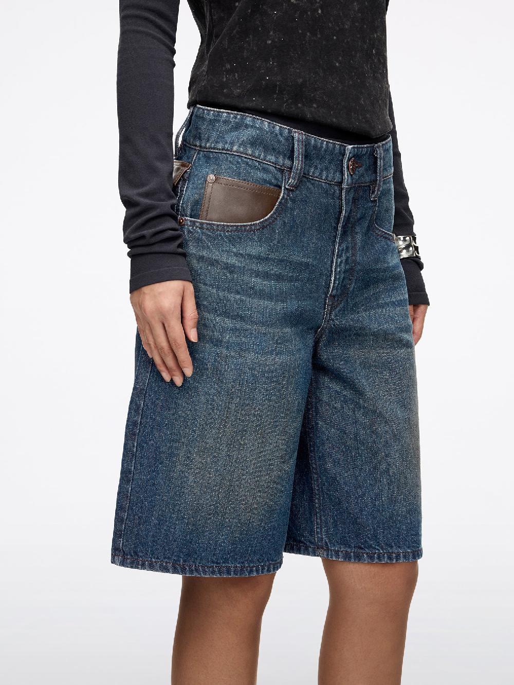 Miss Sixty LEATHER-PANEL DENIM BERMUDA SHORTS DEEP BLUE
