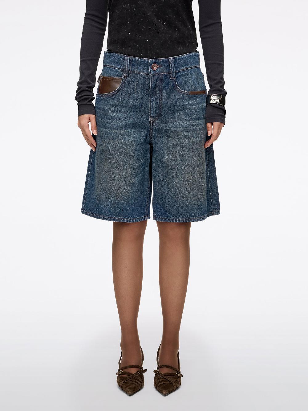 miss sixty LEATHER-PANEL DENIM BERMUDA SHORTS DEEP BLUE