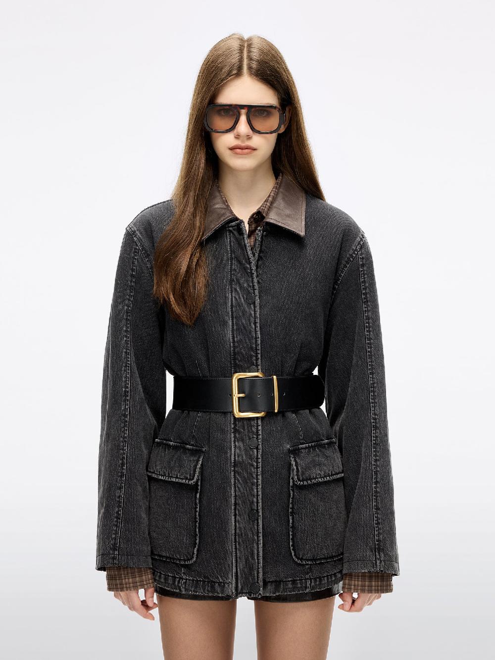 miss sixty LEATHER-PANEL QUILTED DENIM JACKET BLACK FOG