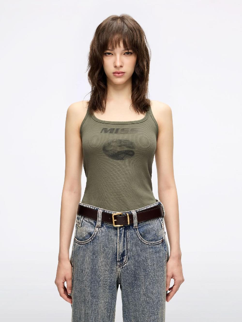 miss sixty LIPS PRINT SLEEVELESS T-SHIRT MOSS GREEN