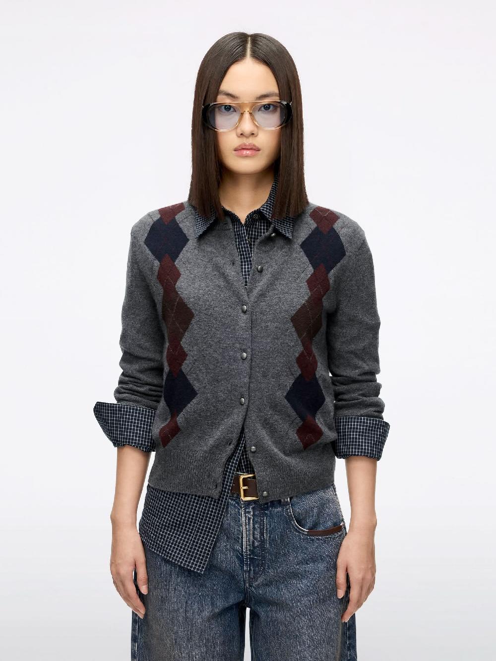 miss sixty ARGYLE KNIT CARDIGAN HEATHER GREY