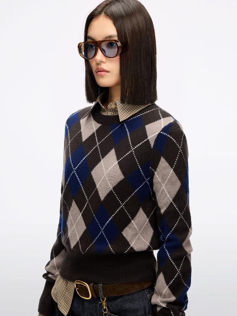 Miss Sixty ARGYLE WOOL KNIT TOP DARK COFFEE