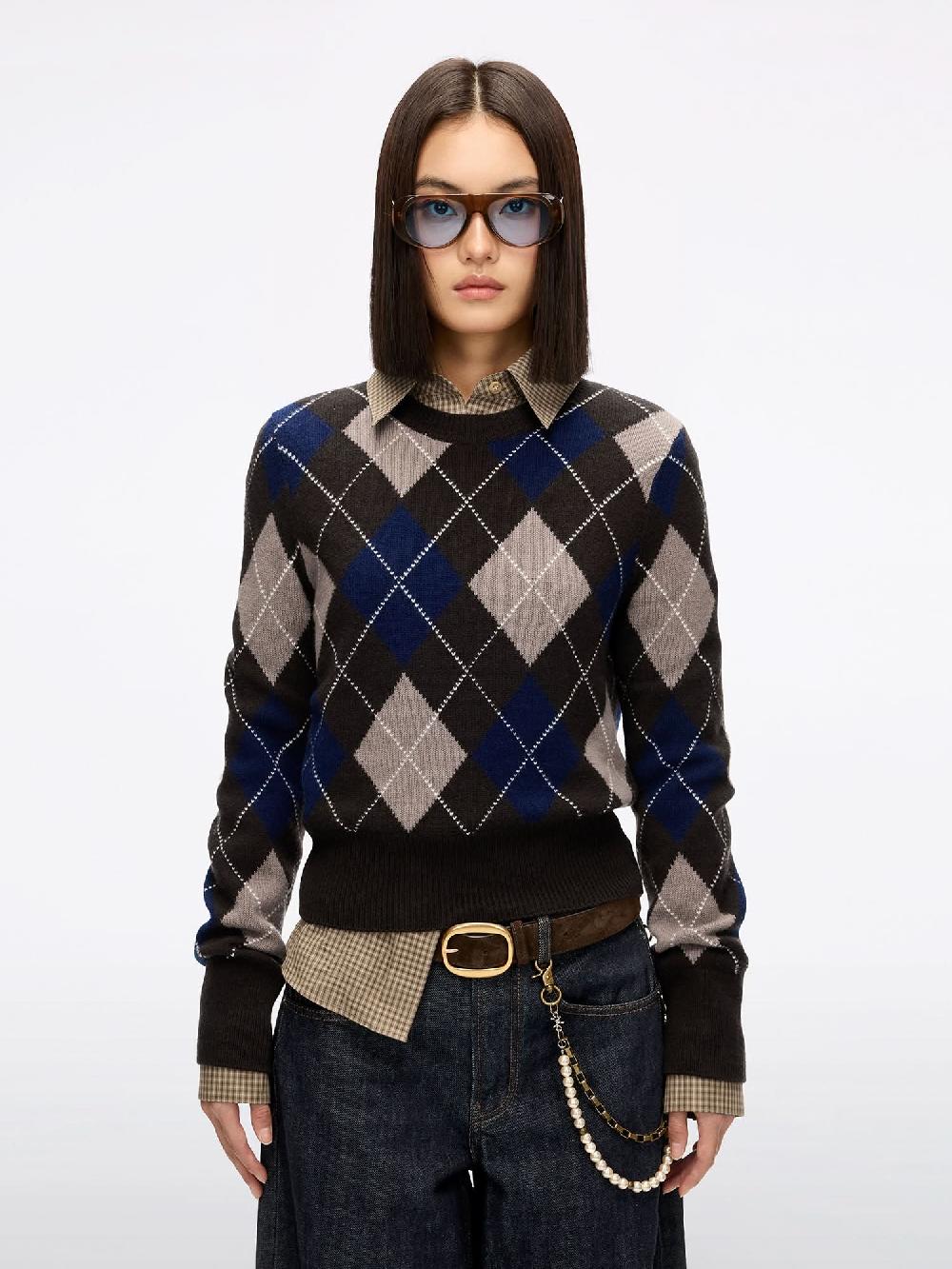 miss sixty ARGYLE WOOL KNIT TOP DARK COFFEE