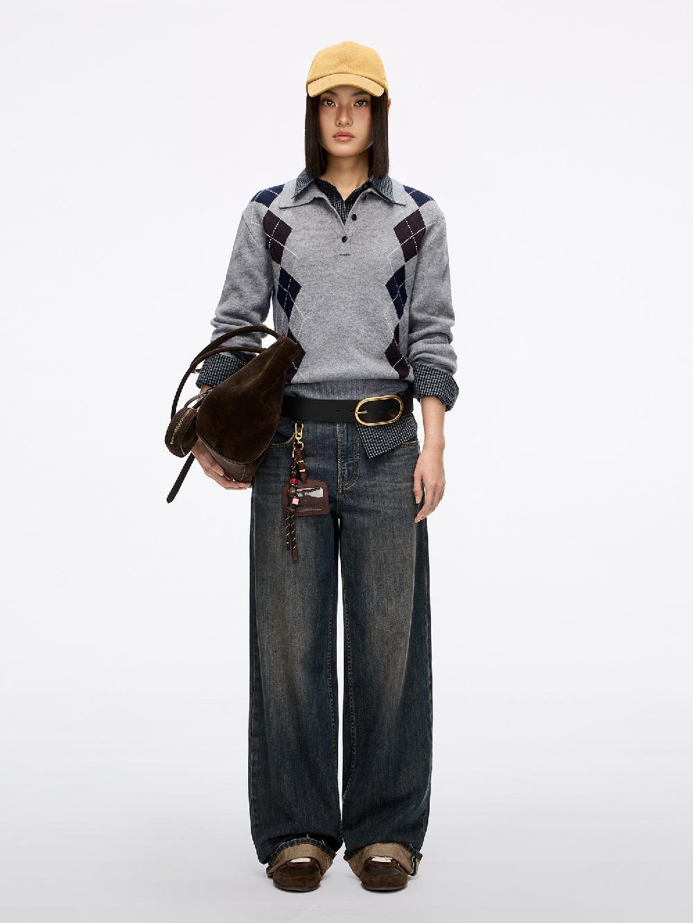 Miss Sixty ARGYLE WOOL KNIT TOP HEATHER GREY