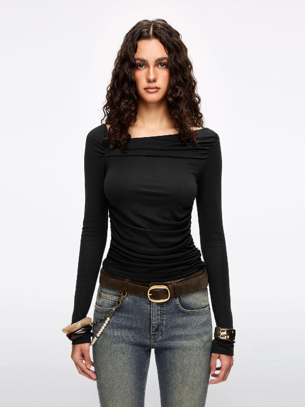 miss sixty ASYMMETRICAL PLEATED T-SHIRT BLACK