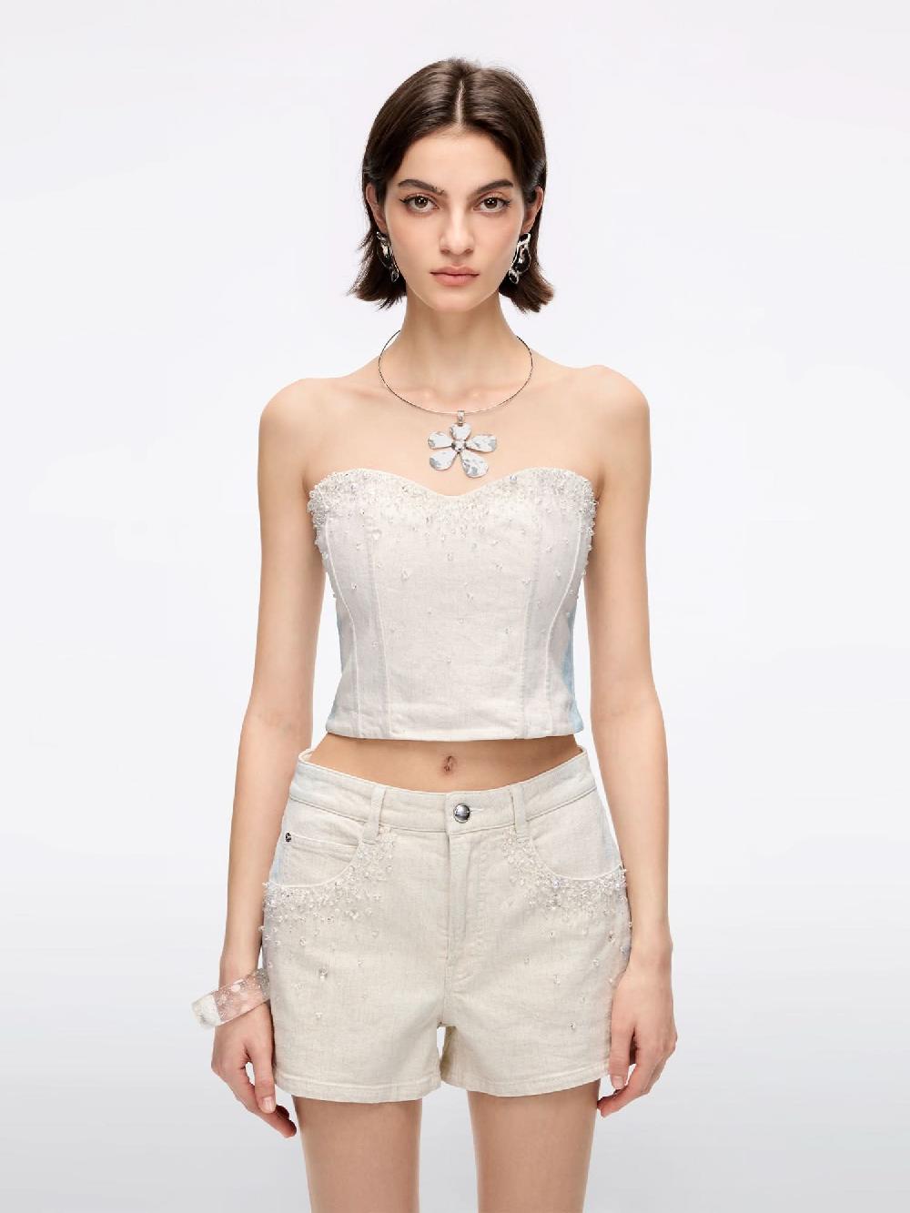 miss sixty BEADED DENIM TOP OFF WHITE