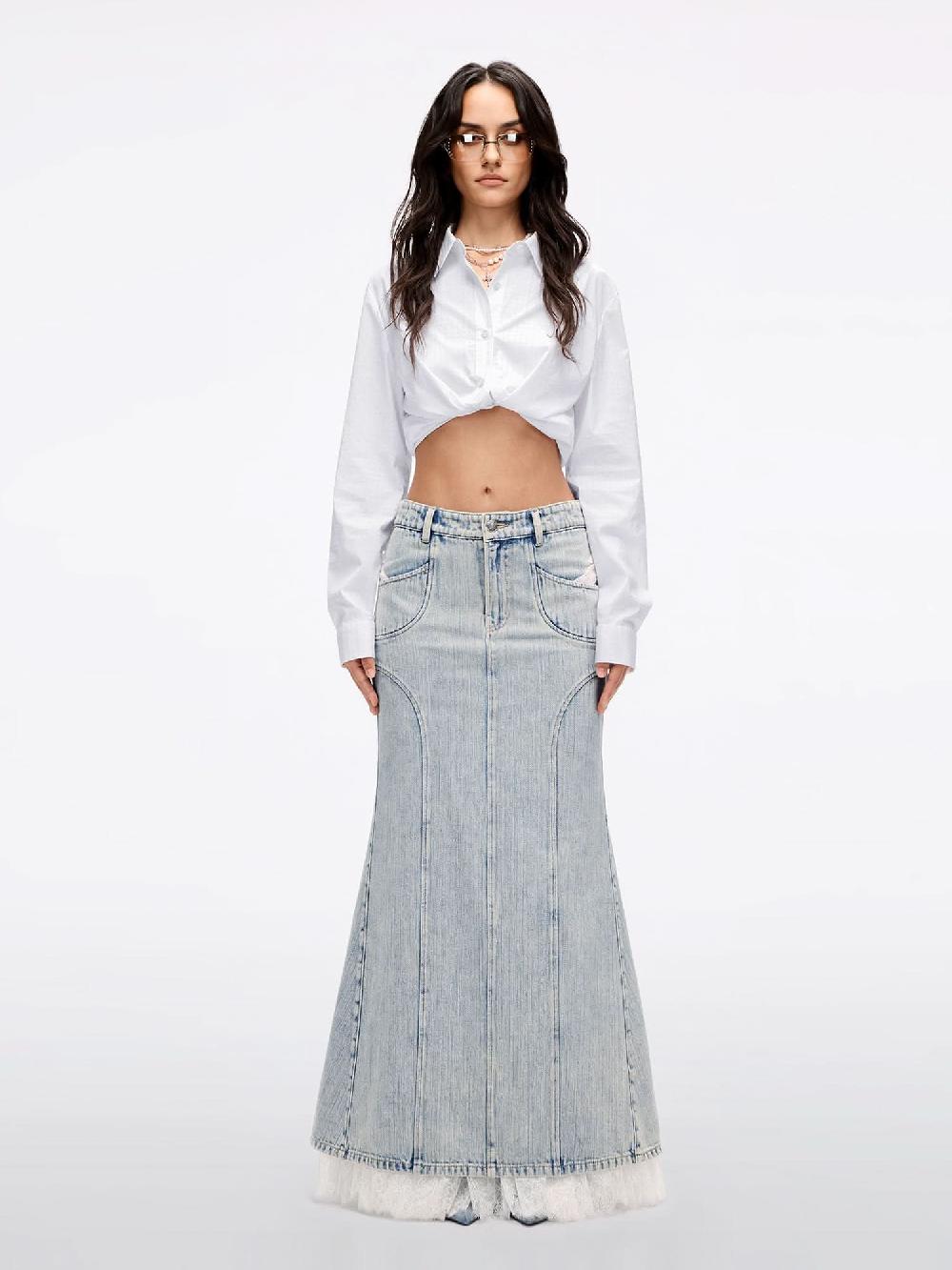 Miss Sixty BEADED LACE DENIM MAXI SKIRT LIGHT BLUE