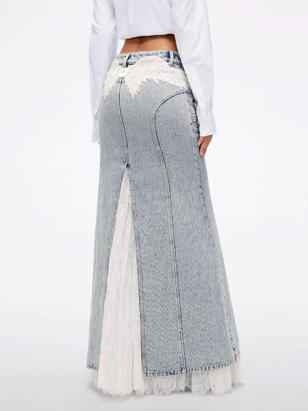 Miss Sixty BEADED LACE DENIM MAXI SKIRT LIGHT BLUE