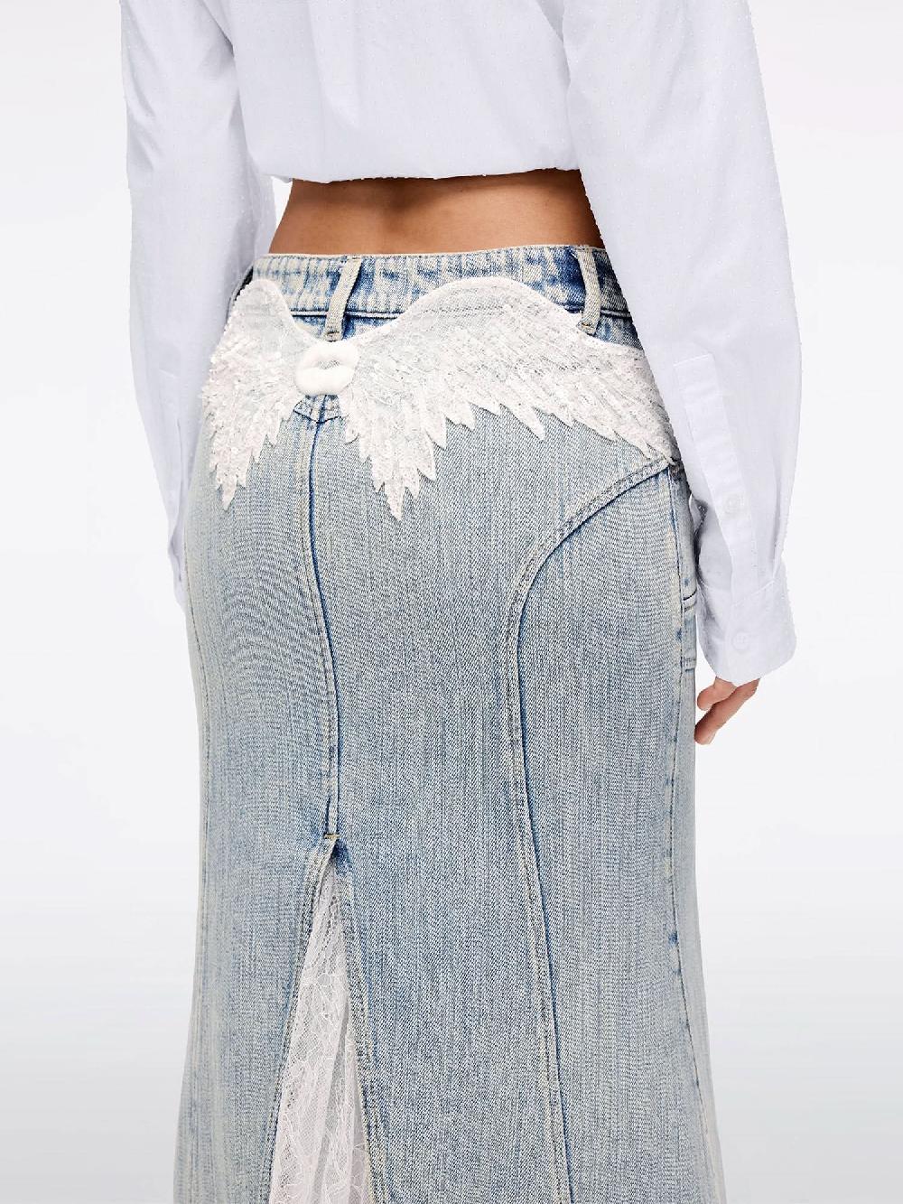 Miss Sixty BEADED LACE DENIM MAXI SKIRT LIGHT BLUE