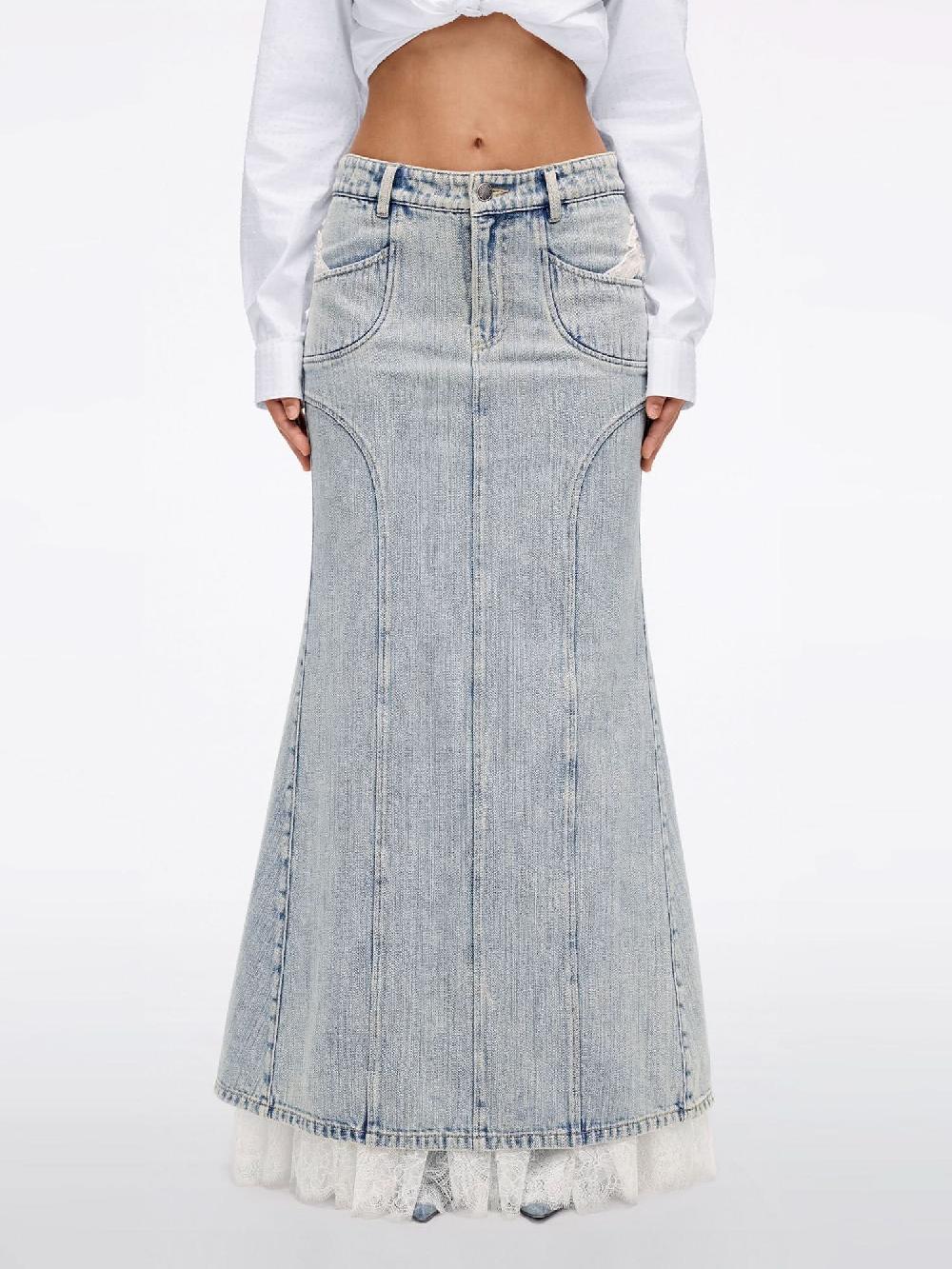 miss sixty BEADED LACE DENIM MAXI SKIRT LIGHT BLUE