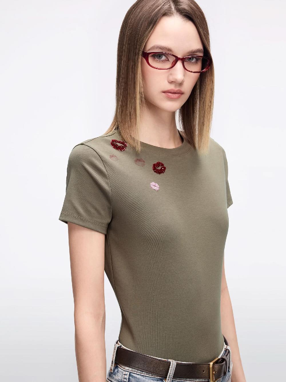 Miss Sixty BEADED PRINTED T-SHIRT KHAKI GREEN