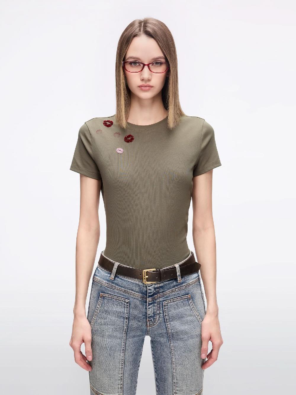 miss sixty BEADED PRINTED T-SHIRT KHAKI GREEN