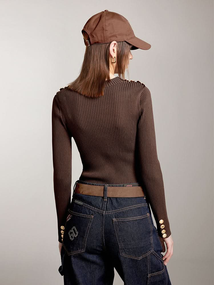 Miss Sixty CREW NECK KNIT TOP WITH BUTTONS COFFEE