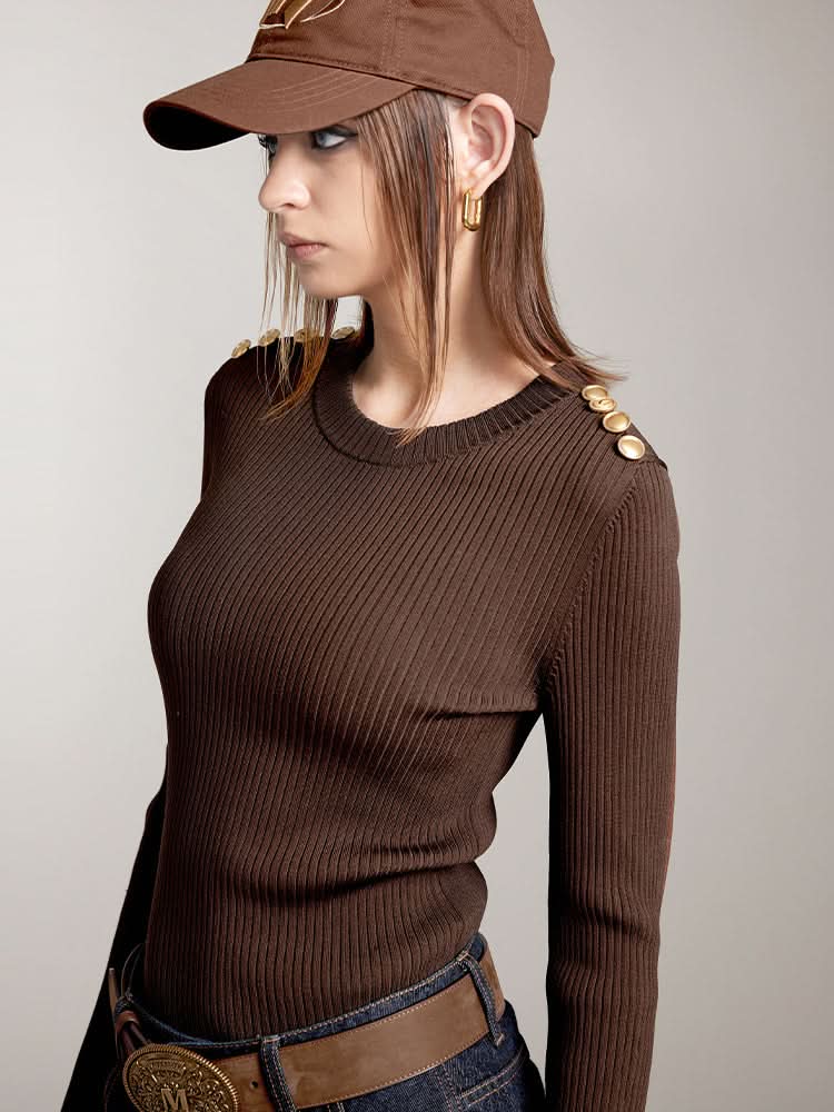 Miss Sixty CREW NECK KNIT TOP WITH BUTTONS COFFEE