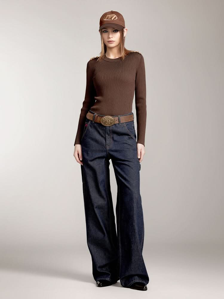 Miss Sixty CREW NECK KNIT TOP WITH BUTTONS COFFEE