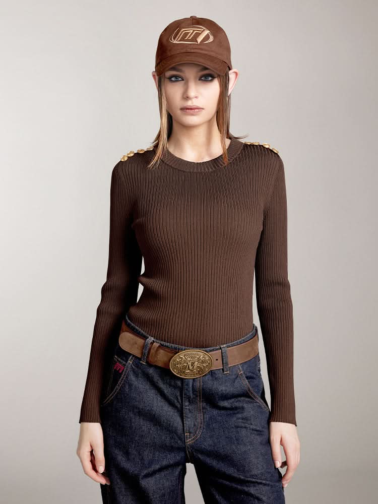miss sixty CREW NECK KNIT TOP WITH BUTTONS COFFEE