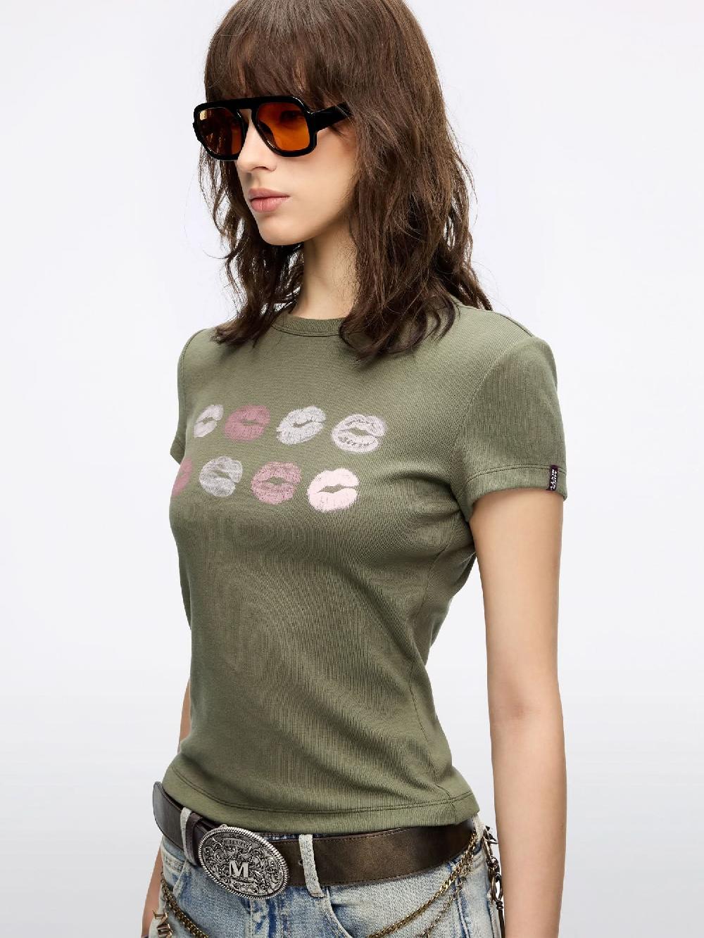 Miss Sixty CREW NECK LIP PRINT T-SHIRT MOSS GREEN