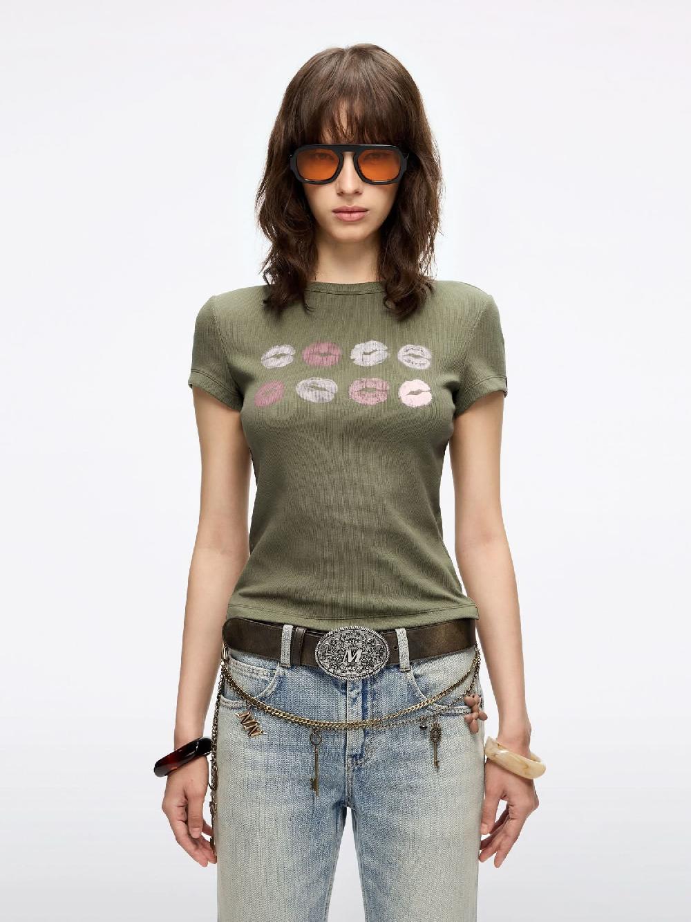 miss sixty CREW NECK LIP PRINT T-SHIRT MOSS GREEN