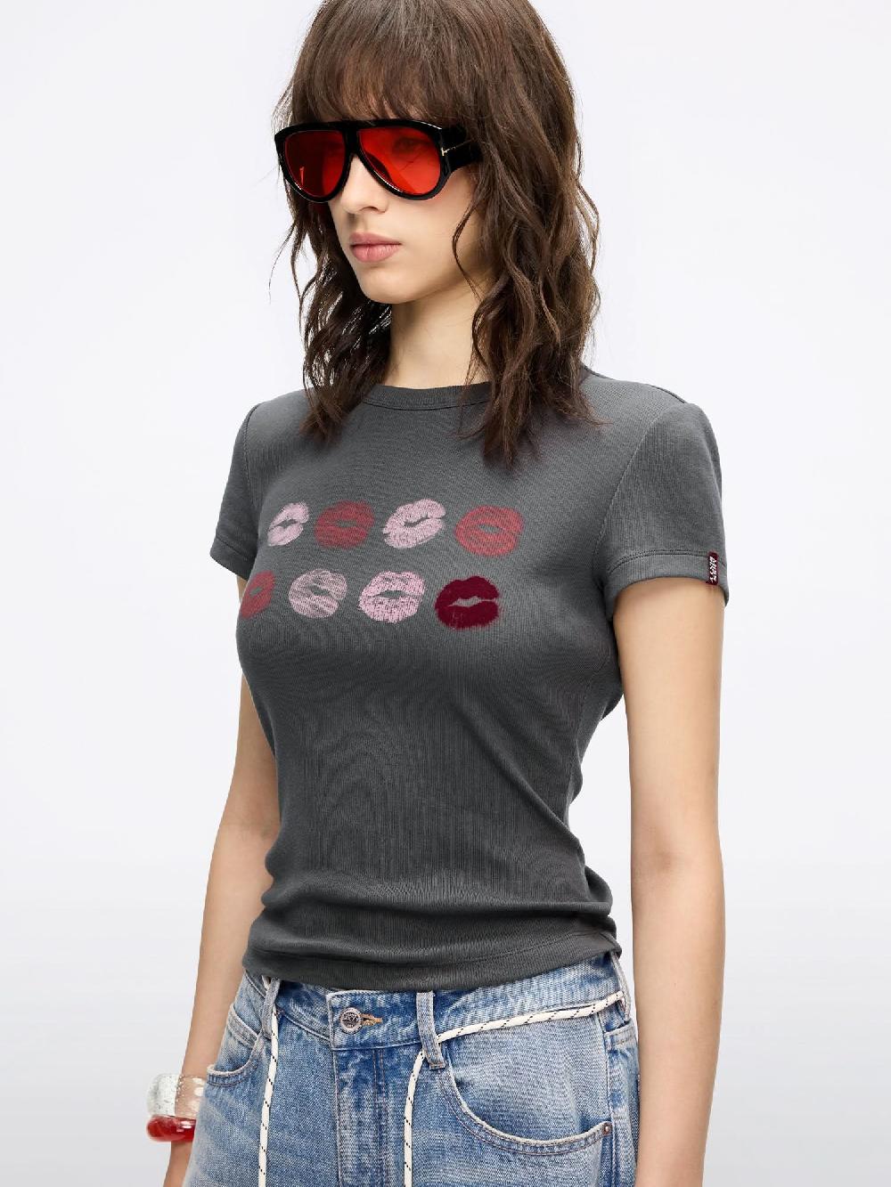 Miss Sixty CREW NECK LIP PRINT T-SHIRT PARIS GREY