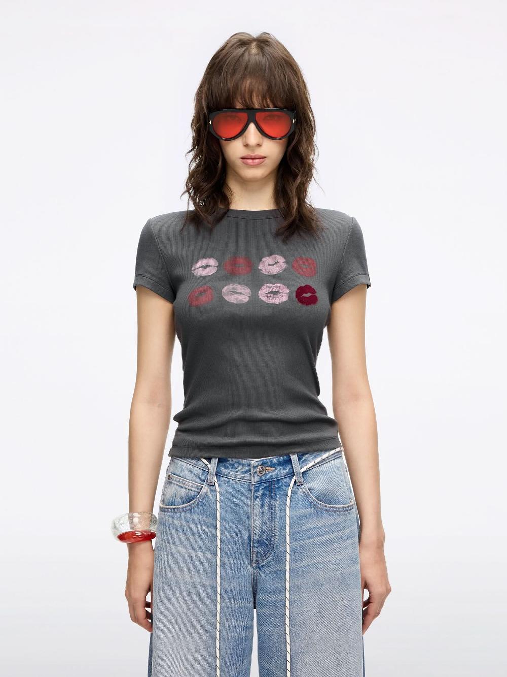 miss sixty CREW NECK LIP PRINT T-SHIRT PARIS GREY