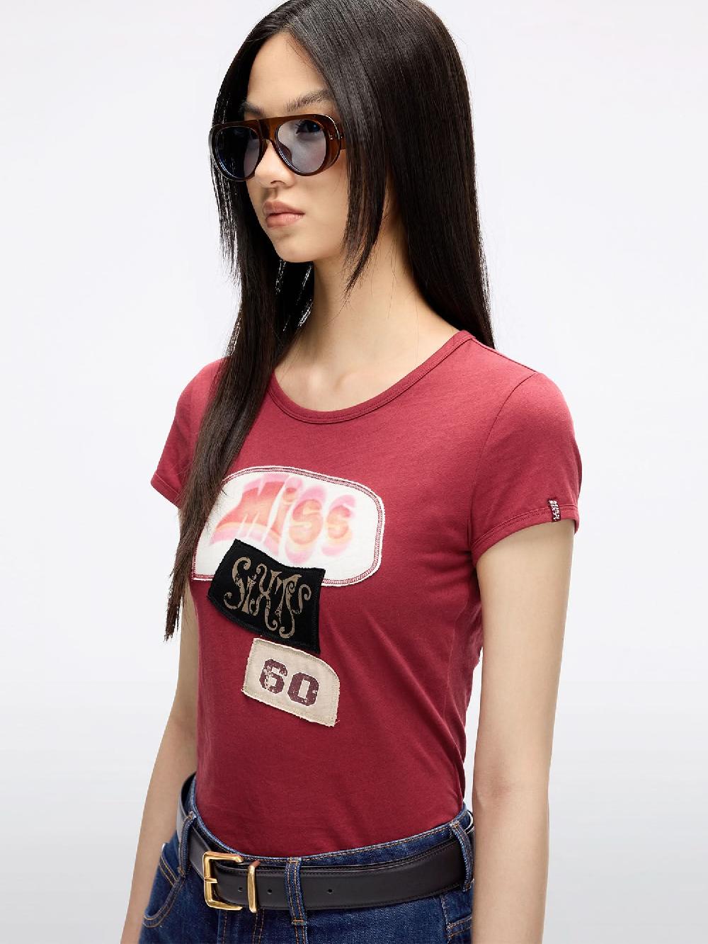 Miss Sixty CREW NECK PATCHWORK T-SHIRT DARK RED