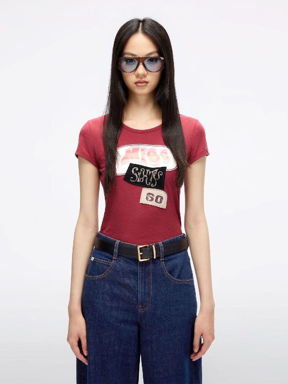 miss sixty CREW NECK PATCHWORK T-SHIRT DARK RED