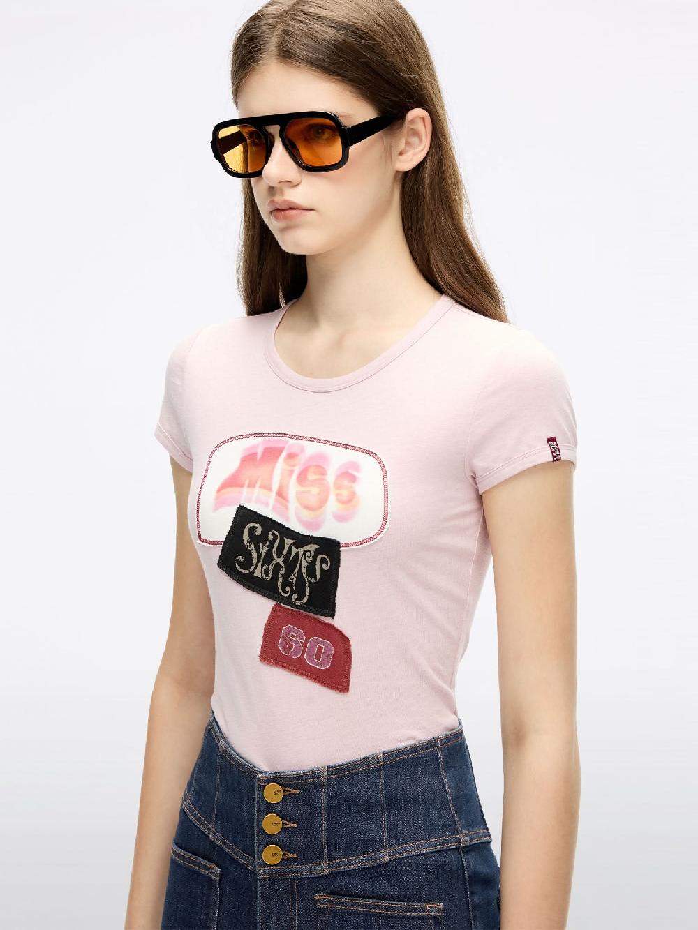 Miss Sixty CREW NECK PATCHWORK T-SHIRT DUST PINK
