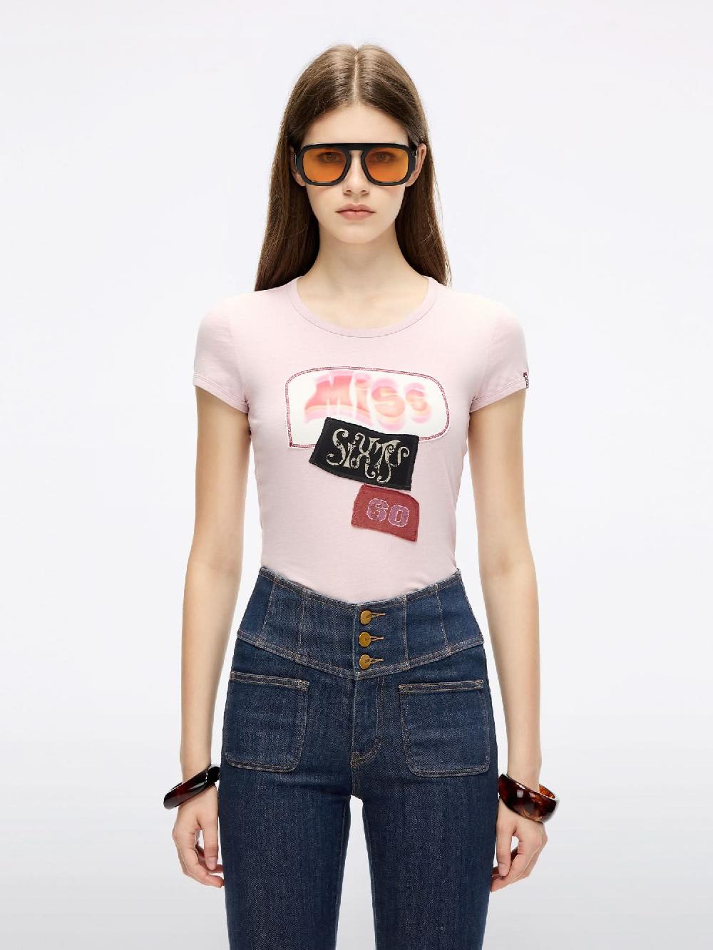 miss sixty CREW NECK PATCHWORK T-SHIRT DUST PINK