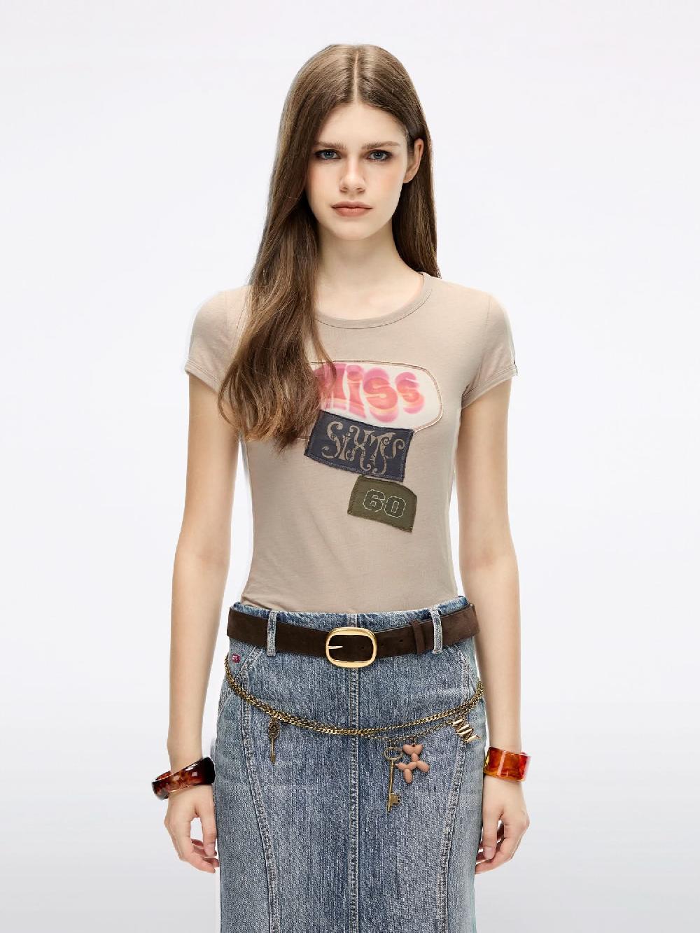 miss sixty CREW NECK PATCHWORK T-SHIRT KHAKI