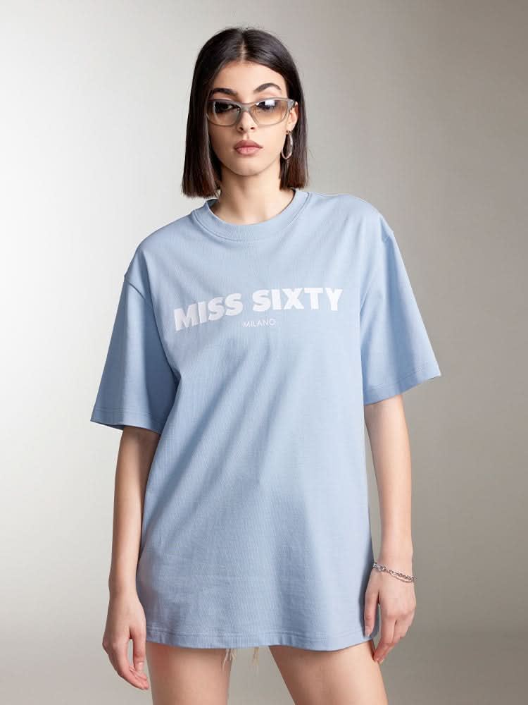 miss sixty CREW NECK PRINTED T-SHIRT GREY BLUE