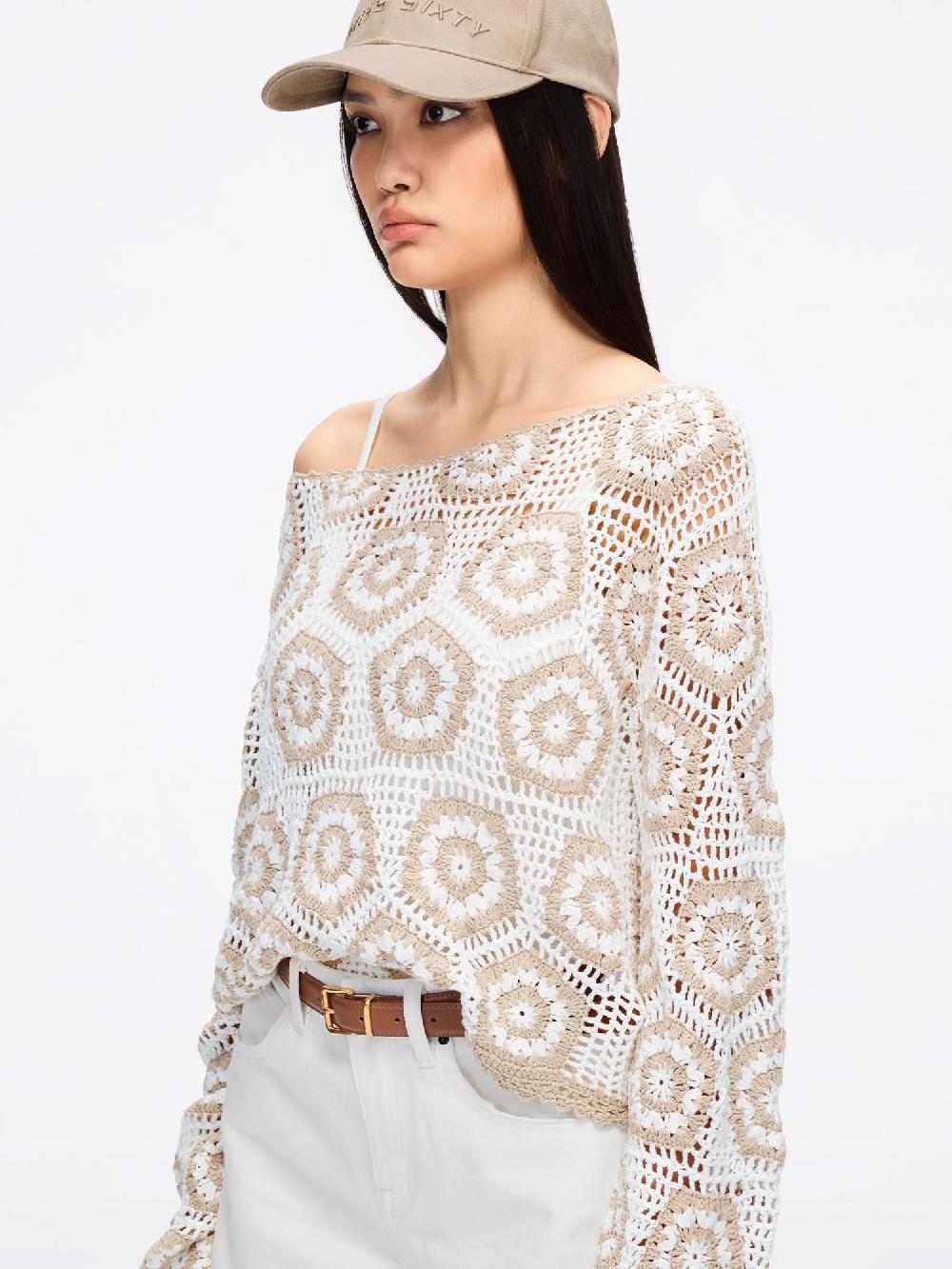 Miss Sixty CROCHET KNIT CROPPED TOP WHITE/APRICOT