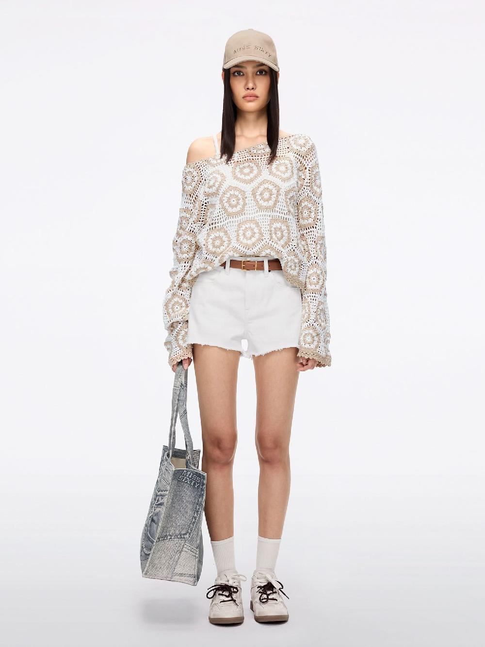 Miss Sixty CROCHET KNIT CROPPED TOP WHITE/APRICOT