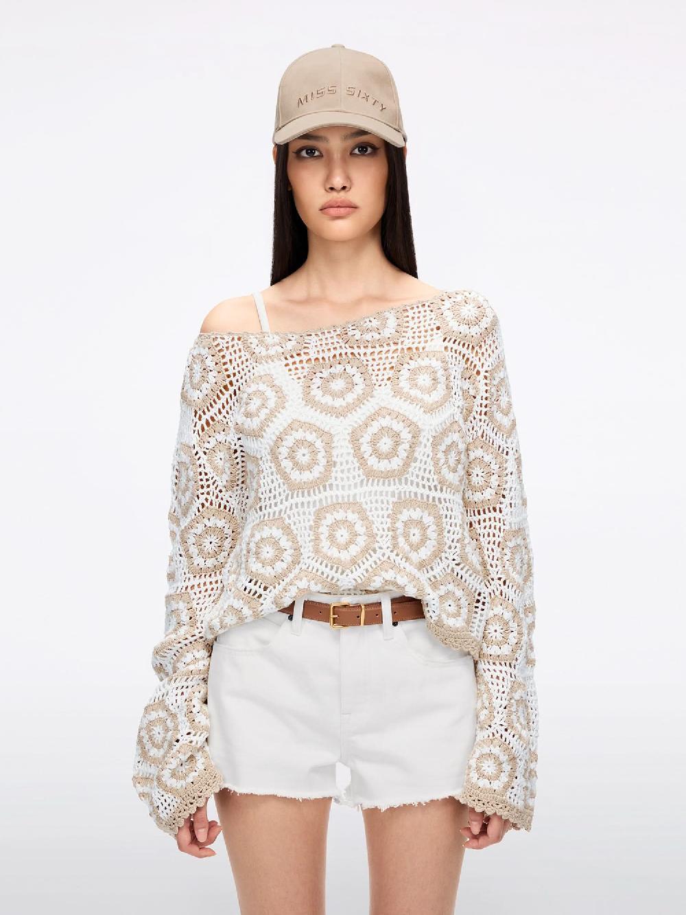 miss sixty CROCHET KNIT CROPPED TOP WHITE/APRICOT