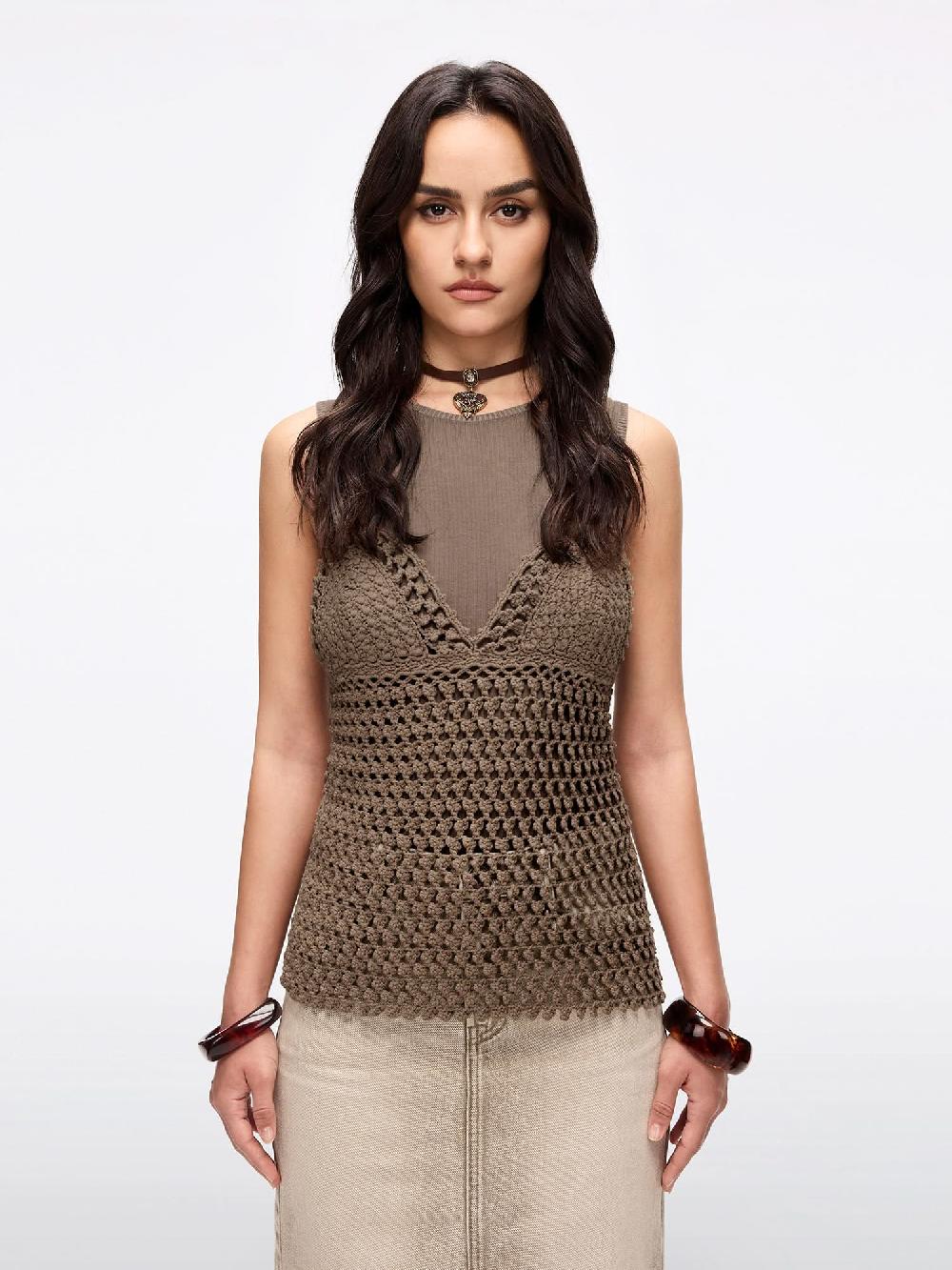 miss sixty CROCHET VEST TWO-PIECE SET KHAKI