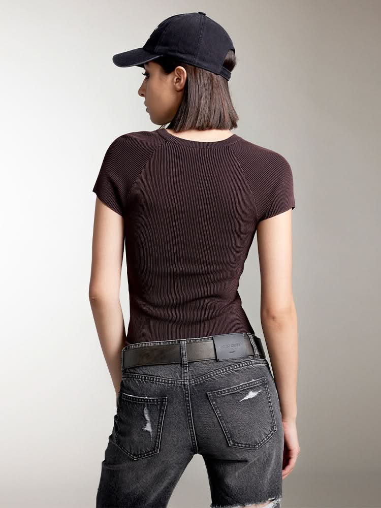 Miss Sixty CROPPED FIT JACQUARD KNIT TOP BROWN