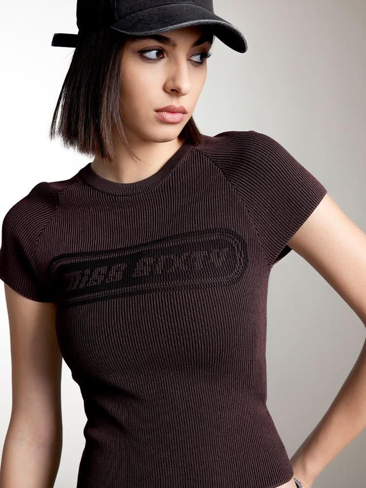 Miss Sixty CROPPED FIT JACQUARD KNIT TOP BROWN