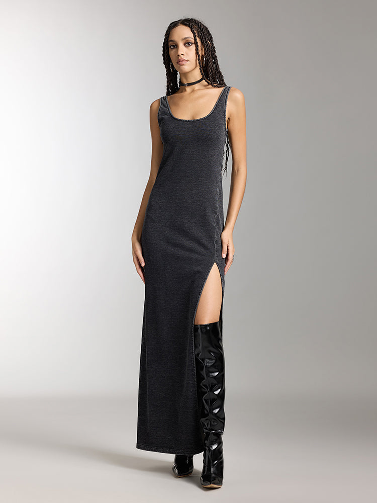 miss sixty ELEGANT SLIT DENIM DRESS BLACK FOG
