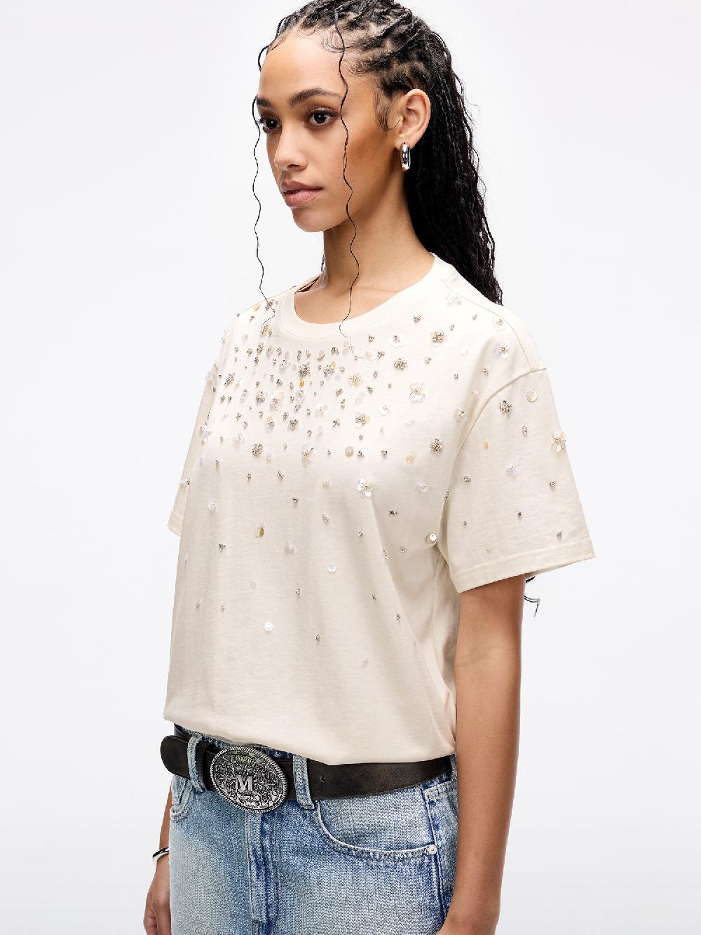 Miss Sixty EMBELLISHED PEARL-STUDDED T-SHIRT WHITE