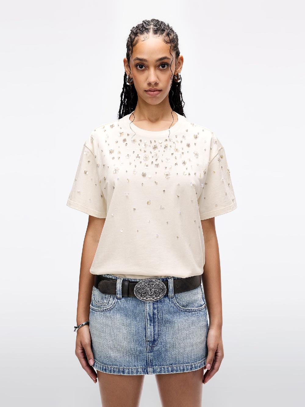 miss sixty EMBELLISHED PEARL-STUDDED T-SHIRT WHITE