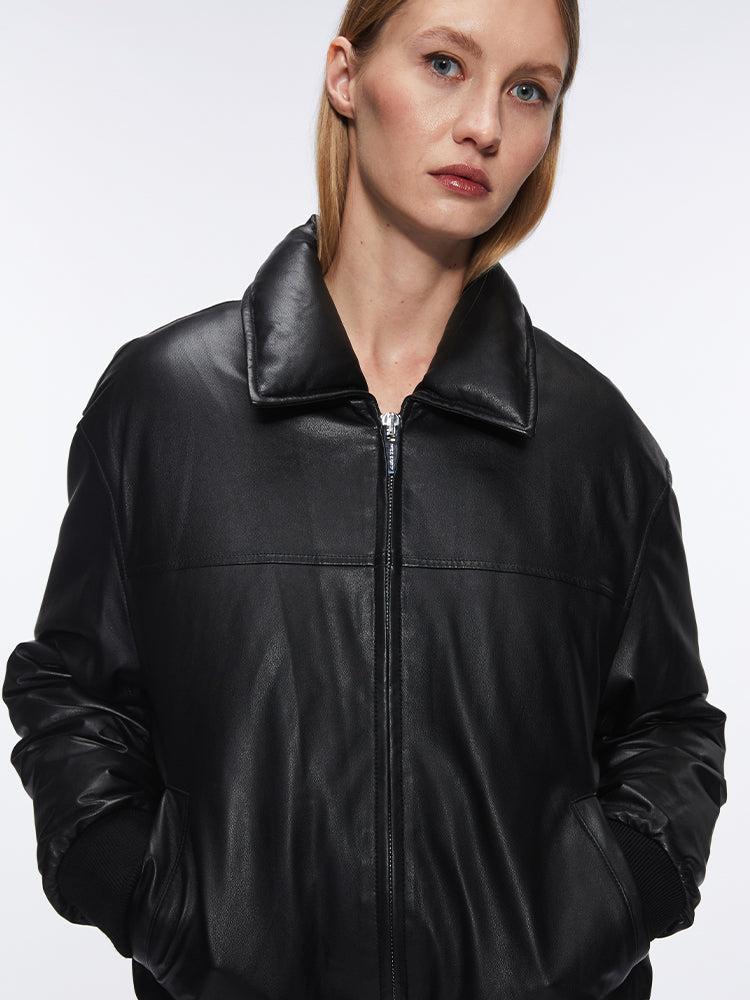 Miss Sixty FUNNEL NECK LEATHER BOMBER JACKET BLACK