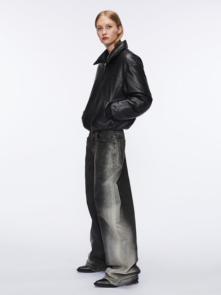 Miss Sixty FUNNEL NECK LEATHER BOMBER JACKET BLACK