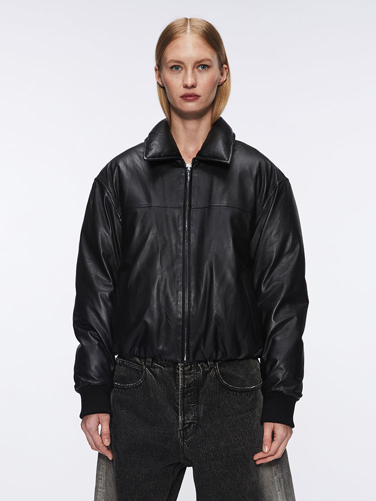 miss sixty FUNNEL NECK LEATHER BOMBER JACKET BLACK