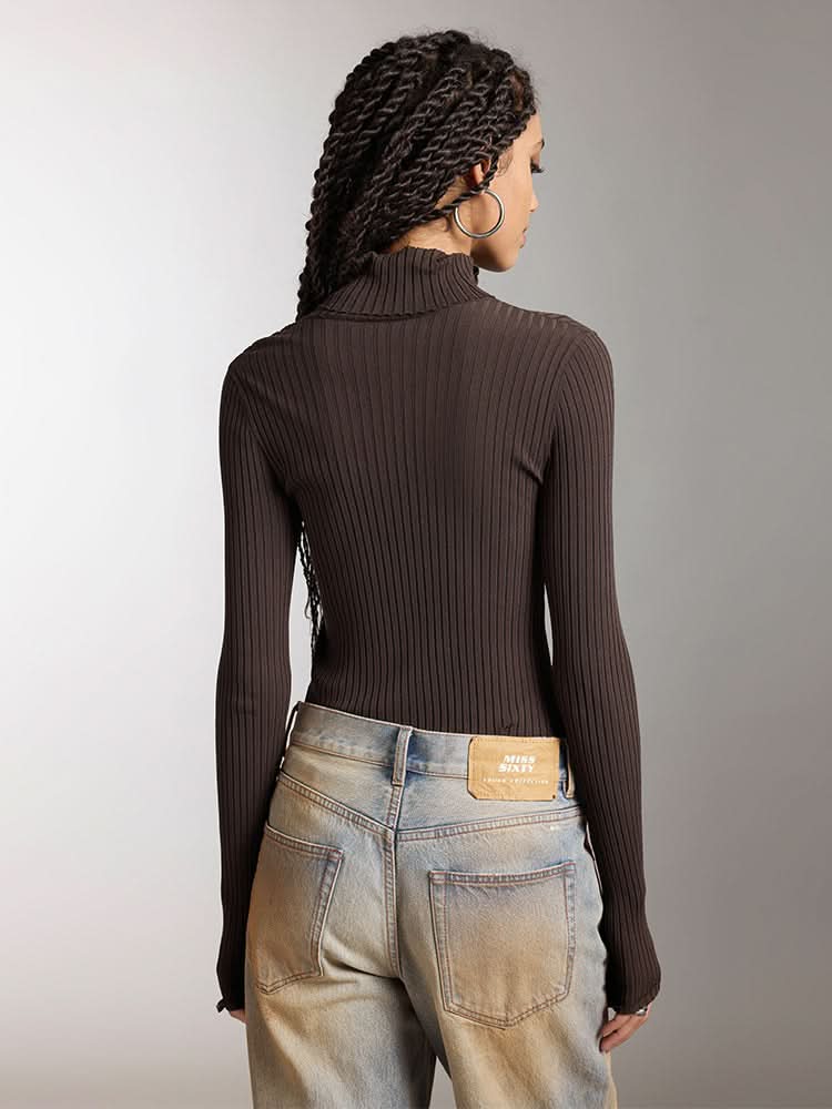 Miss Sixty HIGH COLLAR SLIM FIT KNIT TOP COFFEE